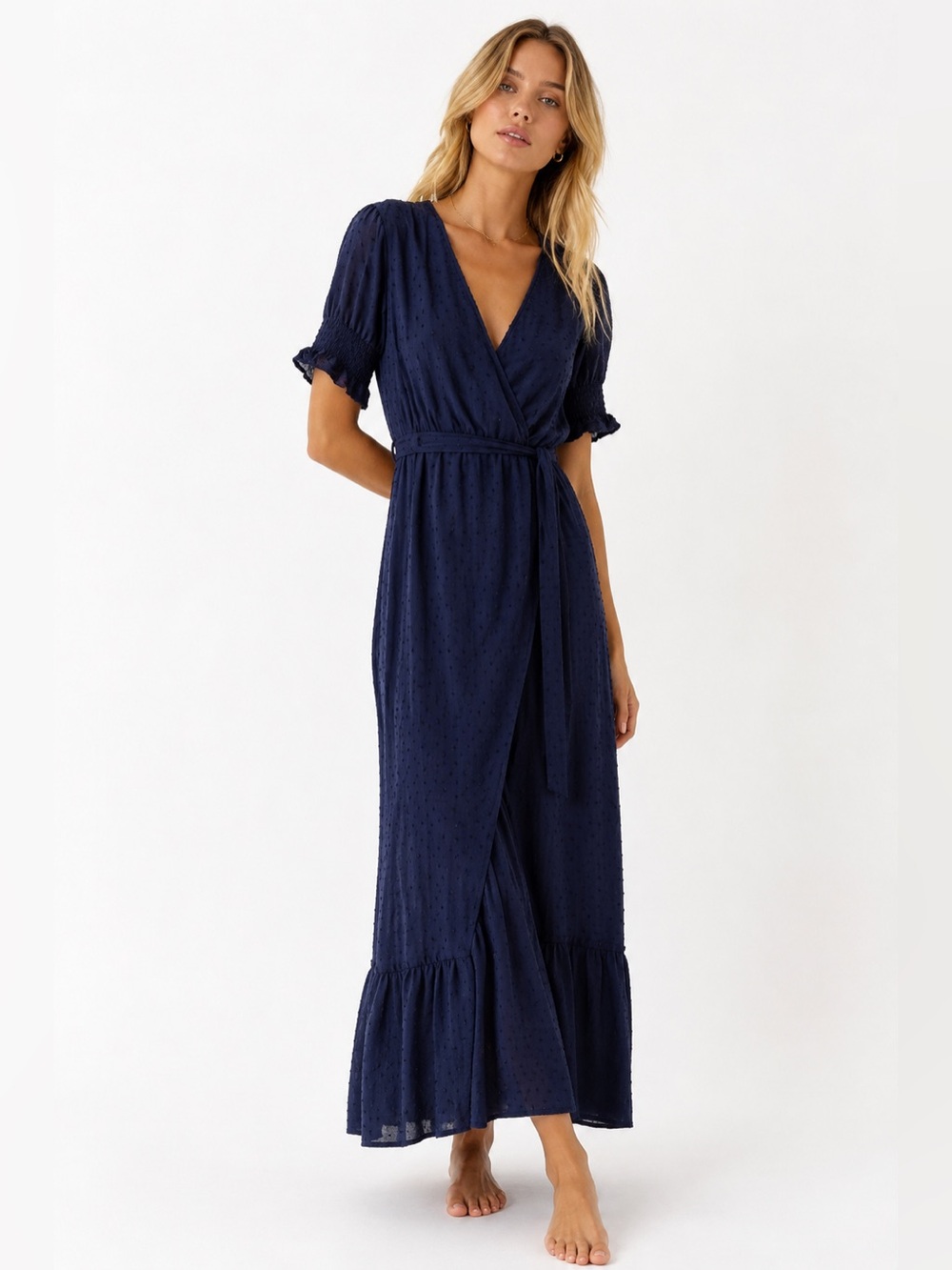 NWT Lulu’s Harmony Navy Blue Swiss Dot Ruffled Faux Wrap Midi Dress size small.